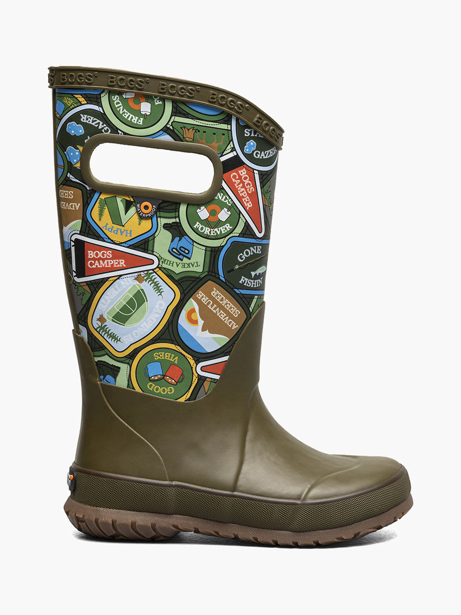 Bogs Kids' Camping Patches Rainboots in Army Green