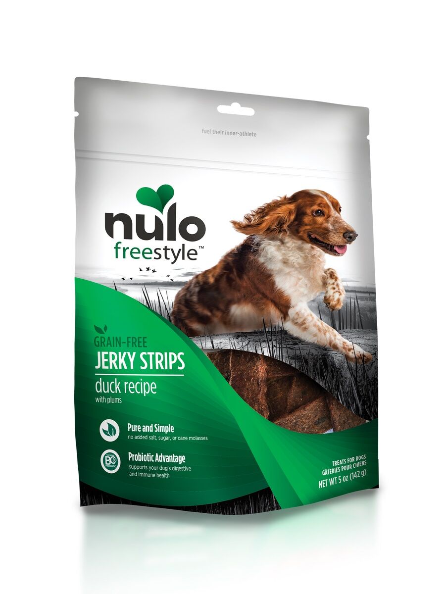 Nulo FreeStyle Dog Jerky Strips Grain-Free Duck With Plums, 5-Oz Bag