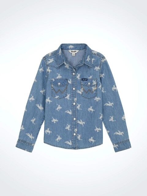 Wrangler Girl's Printed Denim Western Snap Shirt