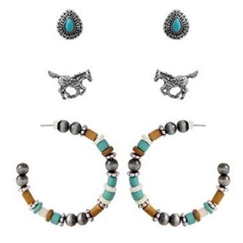 Wyo-Horse Set of 3 Horse Earrings with Beaded Hoops
