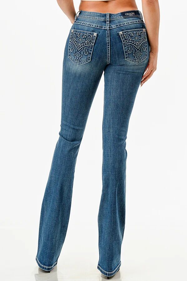 Grace In LA Women's Aztec 3D Faux Flap Mid Rise Bootcut Jeans