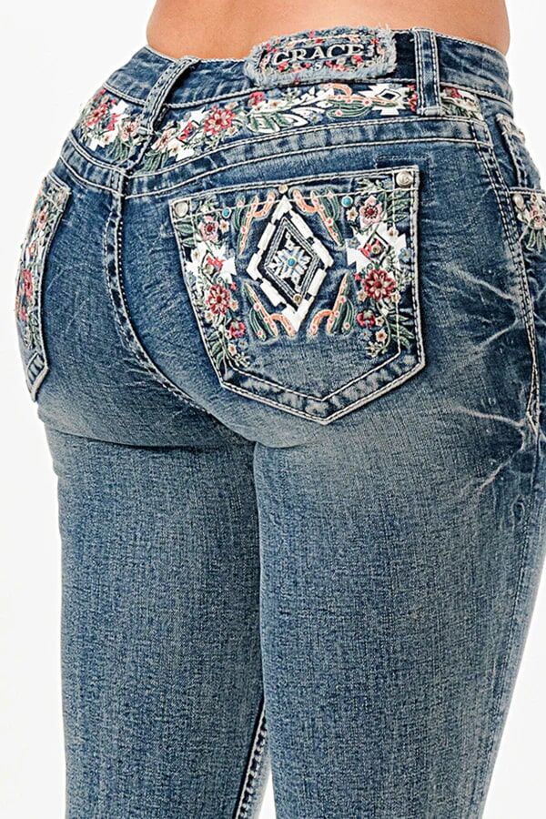 Grace In LA Women's Floral Embroidery Spring Mid Rise Bootcut Jeans