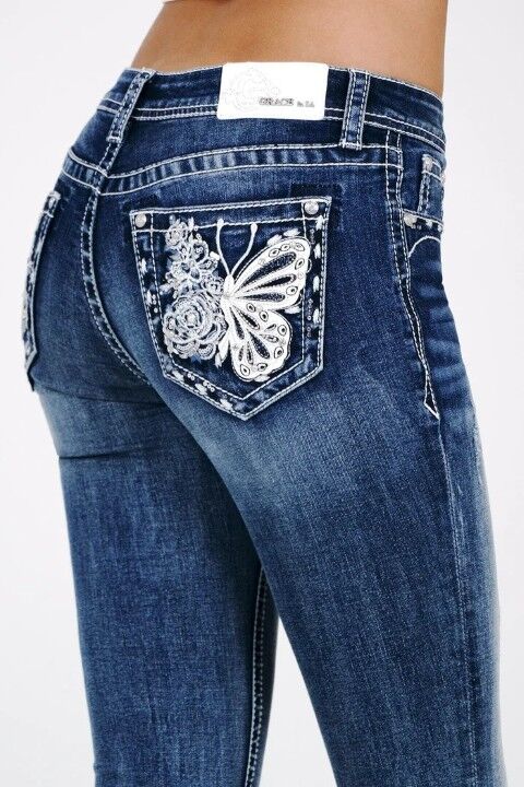 Grace In LA Girl's Butterfly Embroidered Mid Rise Bootcut Jean