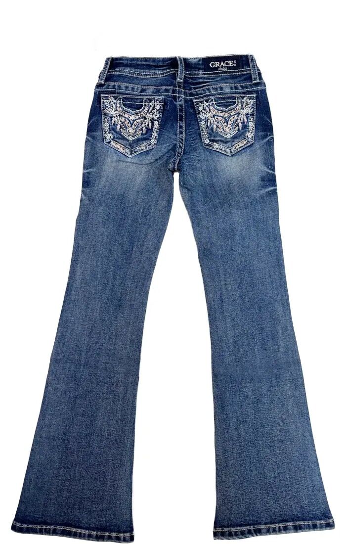 Grace In LA Girl's Steer Head Leopard Print Bootcut Jean