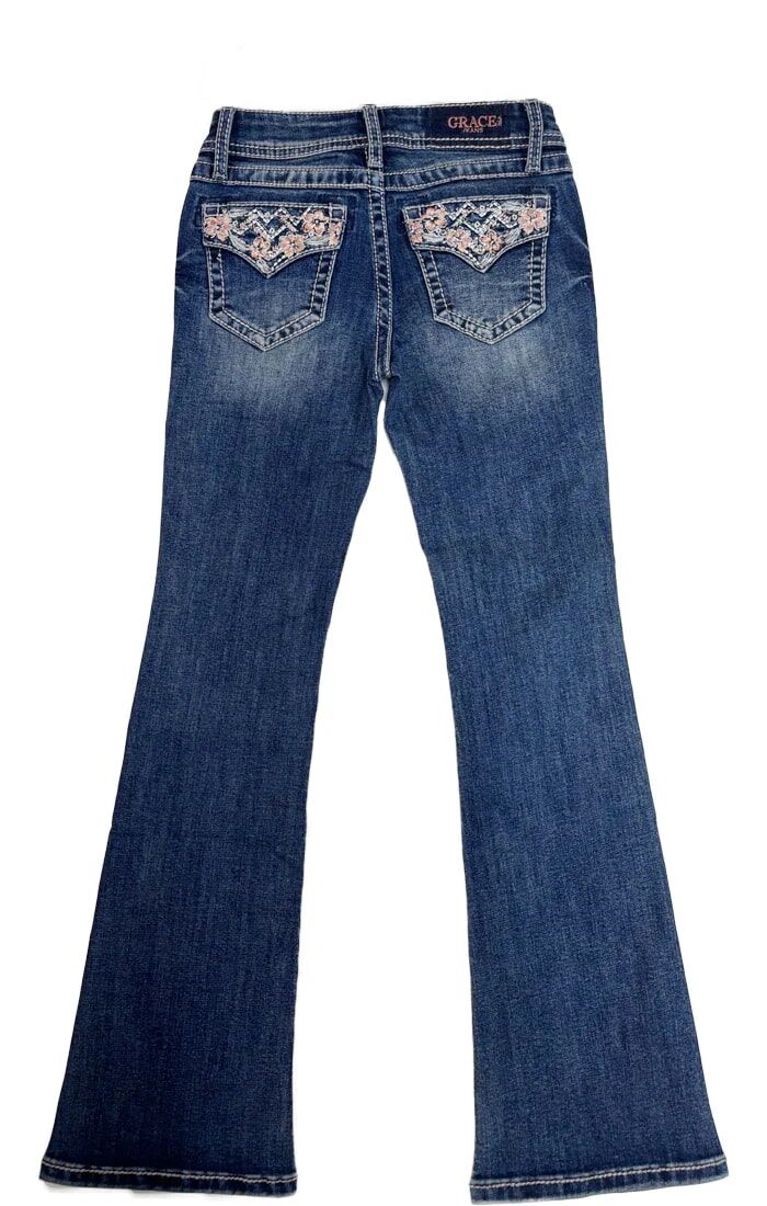 Grace In LA Girl's Floral Colorful Embroidery Faux Flap Bootcut Jean