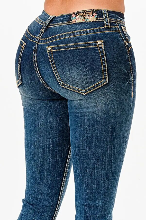 Grace In LA Women's Basic 4 Pockets Med Blue Mid Rise Bootcut Jeans
