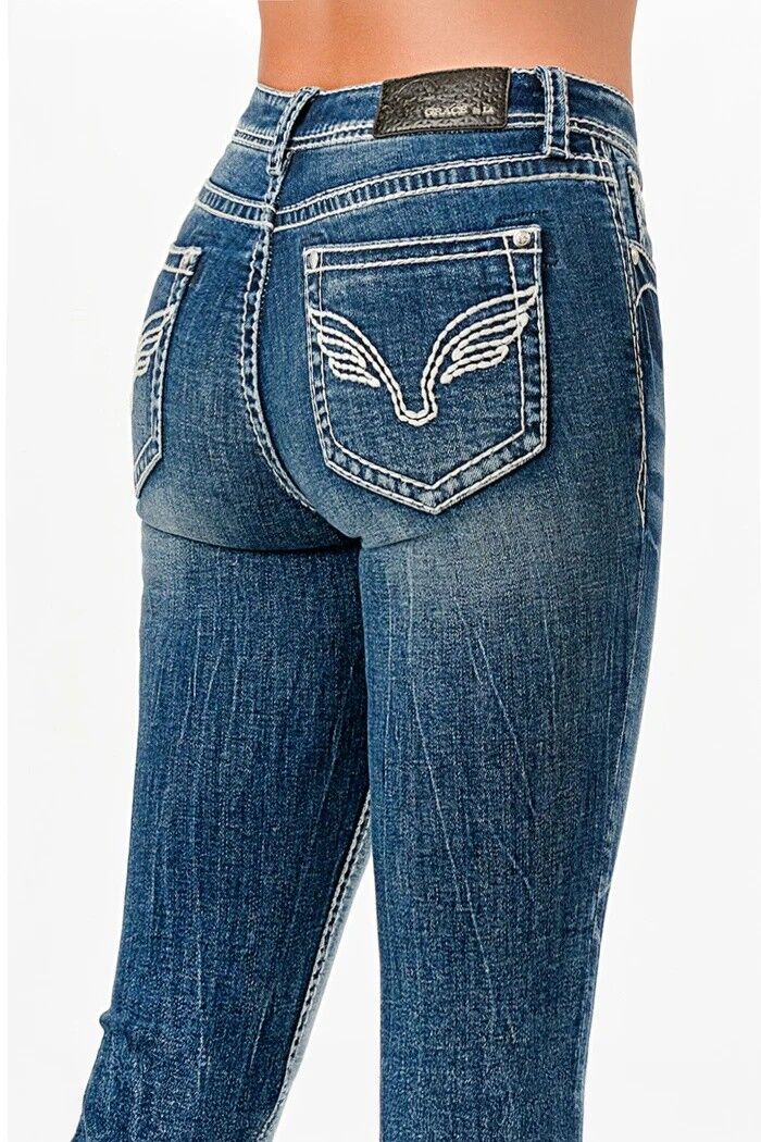 Grace In LA Women's Wing Simple Stitches Mid Rise Bootcut Jeans