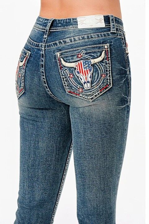 Grace In LA Women's American Steer Head Embellished Bootcut Jeans