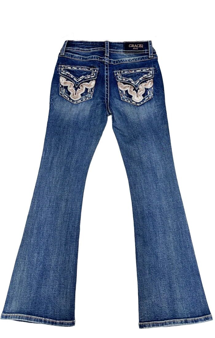 Grace In LA Girl's Horse Hid Trim Faux Flap Bootcut Jean