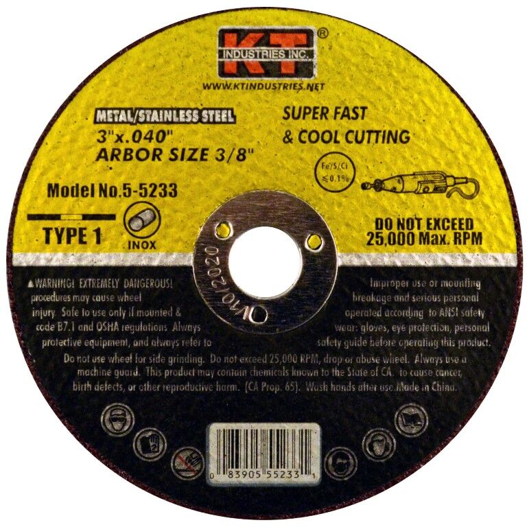 KT Industries Metal/Stainless Steel Cut-Off Wheel Type 1, 3-In x 0.04-In x 3/8-In