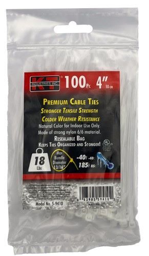 KT Industries Natural Ultra Light Duty Premium Cable Ties, 4-In, 100-Pk