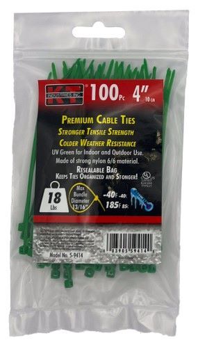 KT Industries Green Ultra Light Duty Premium Cable Ties, 4-In, 100-Pk