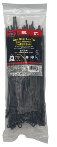 KT Industries UV Black Standard Duty Screw Mount Premium Cable Ties, 8-In, 100-Pk