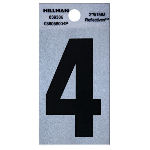 Hillman Adhesive House Number 4 Black and Silver Reflective, 2-In