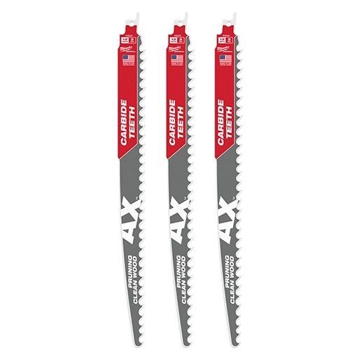 Milwaukee Sawzall The AX Carbide Teeth Pruning & Clean Wood Blade, 3 TPI, 12-In, 3-Pk