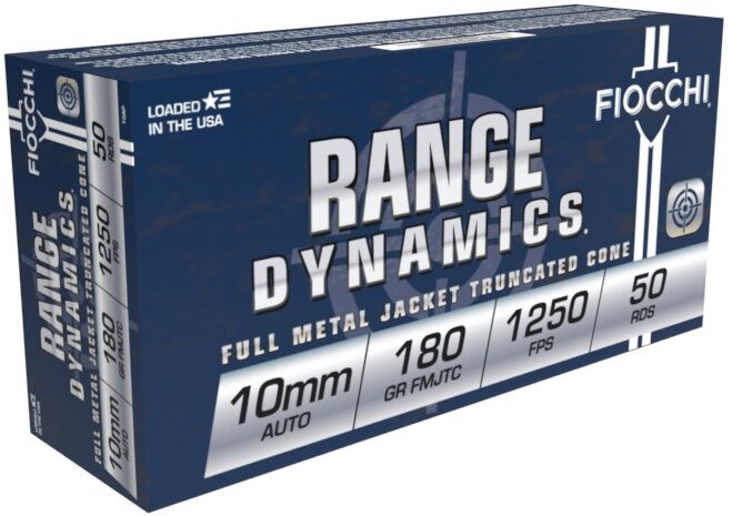 Fiocchi Range Dynamics 10mm Auto, 180 Grain Full Metal Jacket Truncated Cone Pistol Ammo, 50-Rd