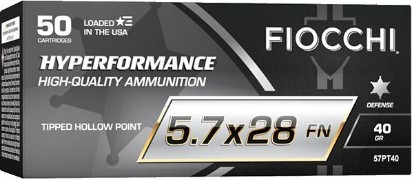 Fiocchi Hyperformance Defense 5.7x28mm, 40 Grain Tipped Hollow Point Pistol Ammo, 50-Rd