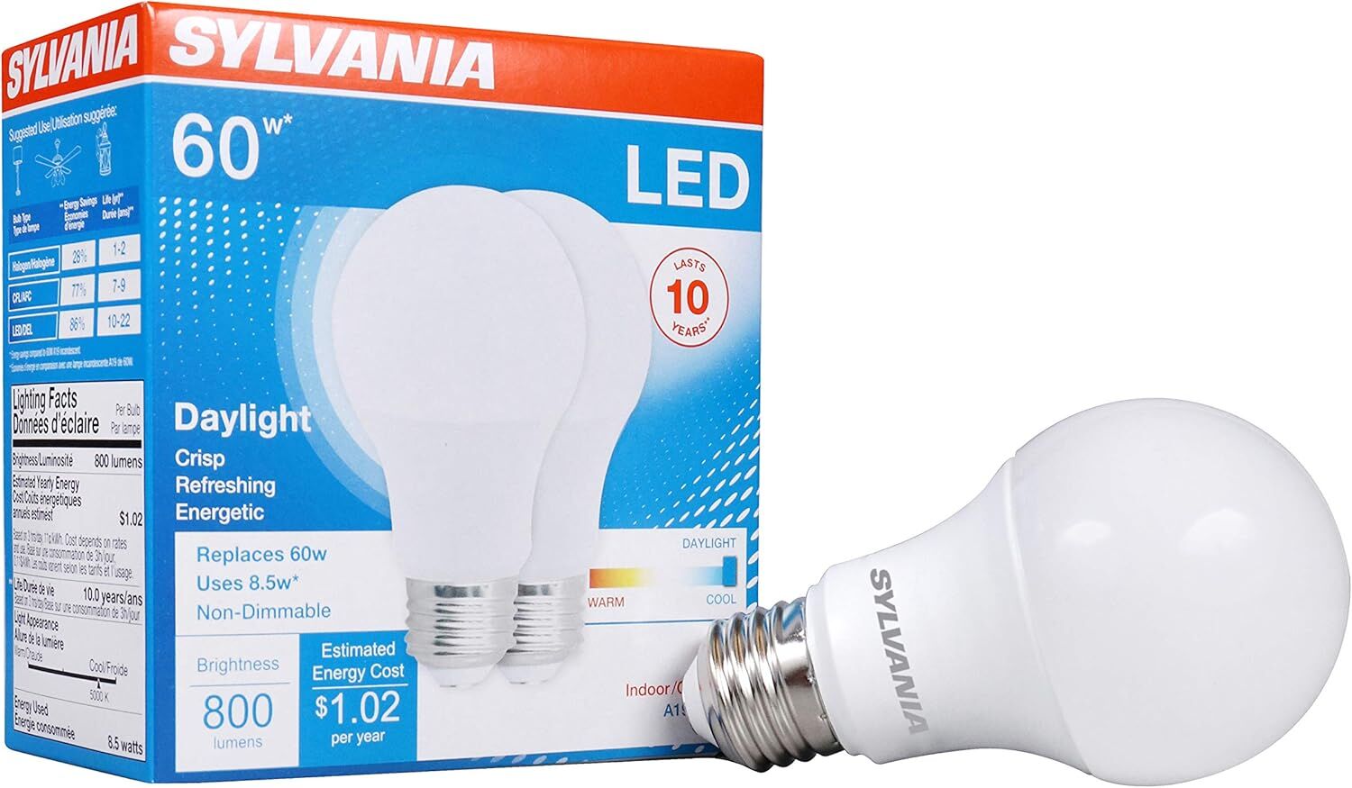 Sylvania A19 8.5 Watt Frosted Daylight LED Light Bulb, 2-Pk