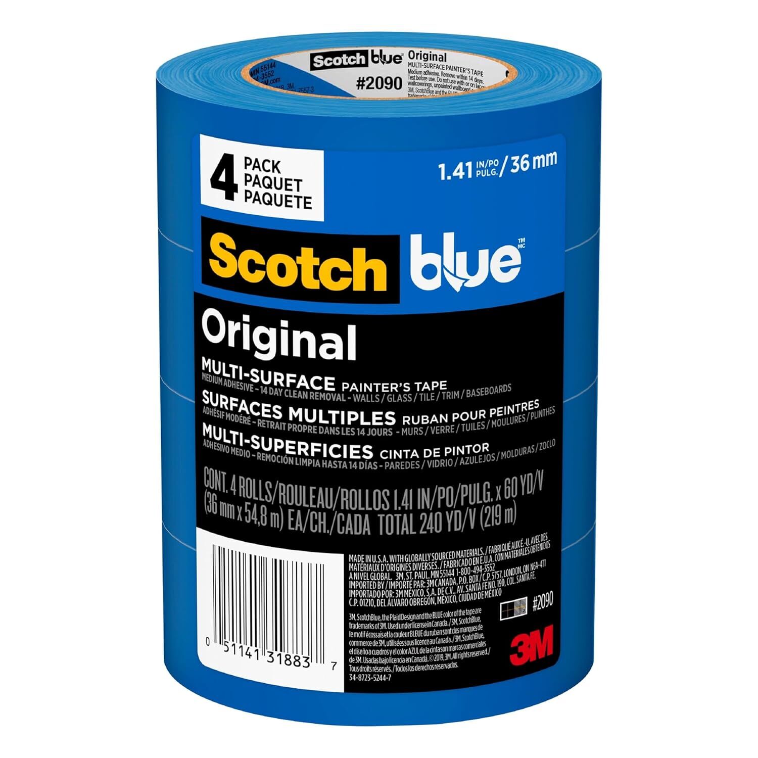 ScotchBlue Original Painter’s Tape, 1.41-In x 60-Yd, 4-Pk