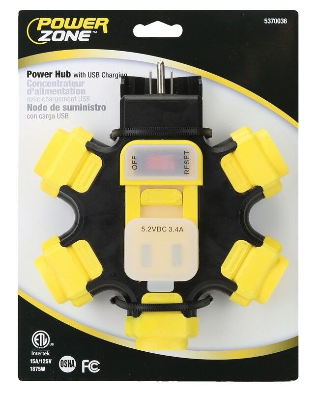 PowerZone 5-Outlet 2-USB Power Hub