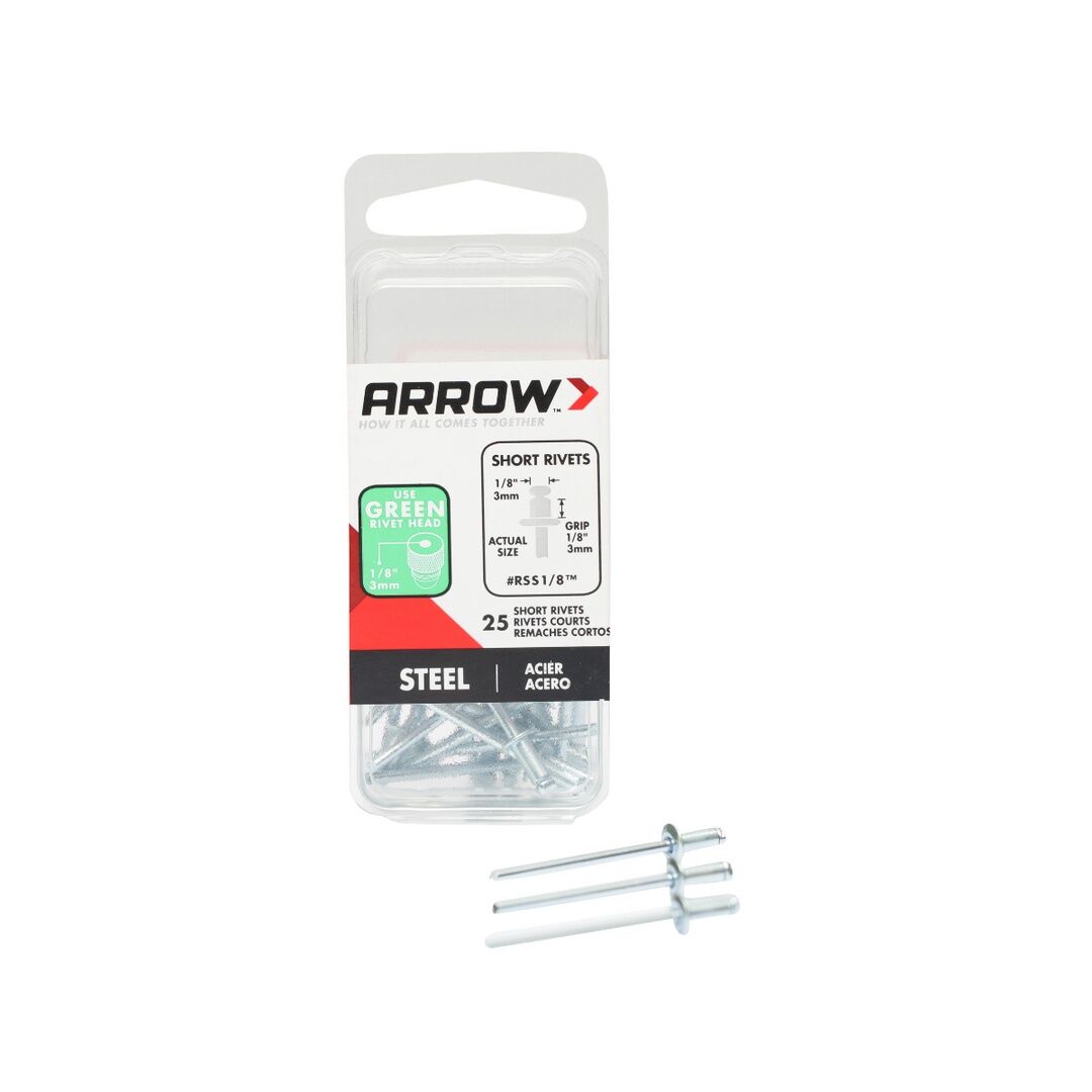 Arrow Fastener RSS1/8 Short Steel Pop Rivets For Metal, 1/8-In, 25-Pk