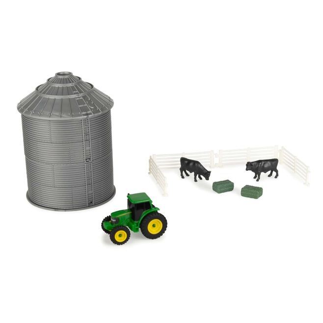 Tomy ERTL Grain Bin Set with John Deere Tractor, Cattle, Hay Bales & Fence Farm Playset