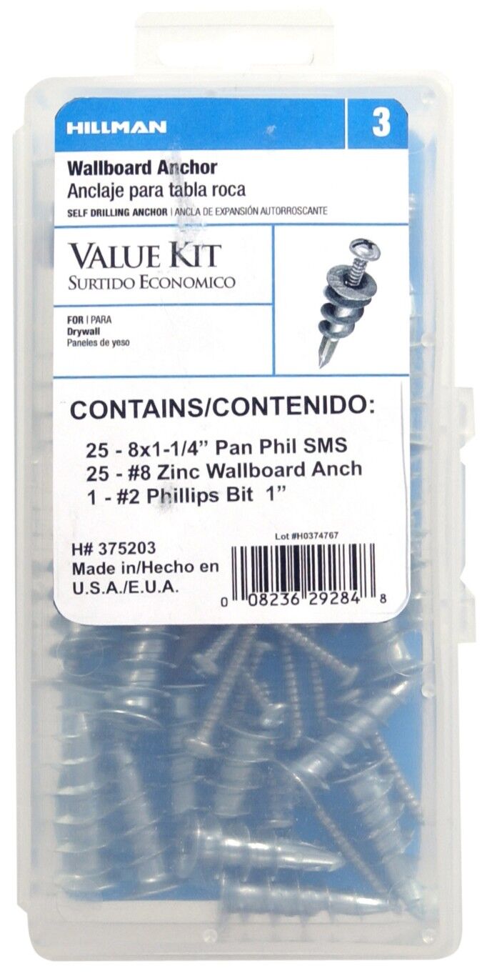 Hillman Zinc Self Drilling Drywall Anchor Kit  With Screws, #8 x 1 1/4-In, 51-Pc