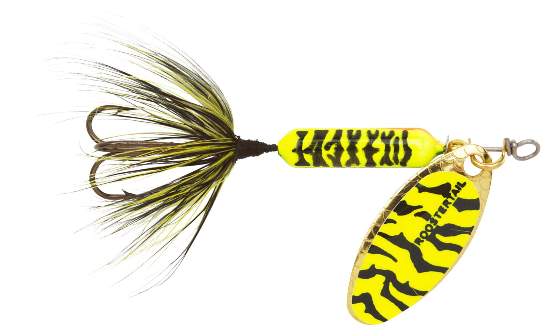 Yakima Bait Chartreuse Black Tiger Original Rooster Tail with Treble Hook, 1/6-Oz, 2-1/2-In