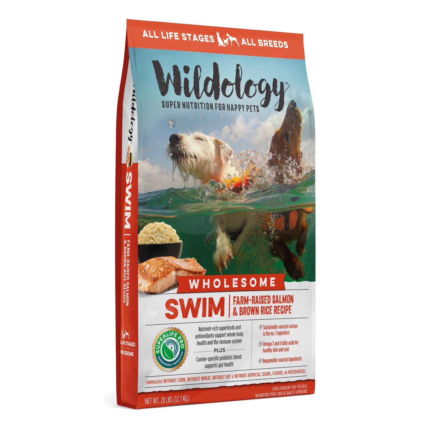 Wildology SWIM Farm-Raised Salmon & Brown Rice Dog Food, 28-Lb